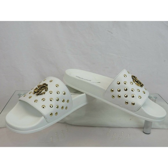 ROBERTO CAVALLI WHITE LEATHER SNAKE MEDALLION LOGO STUDS SANDAL 42.5 / 9.5 ITALY - Picture 9 of 12